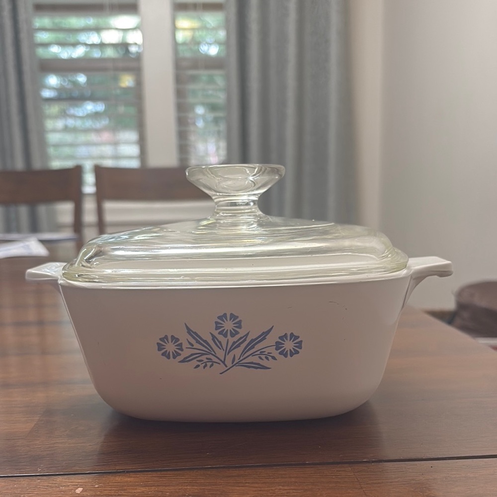 Corning ware Vintage White Casserole Dish with Blue Floral Design
